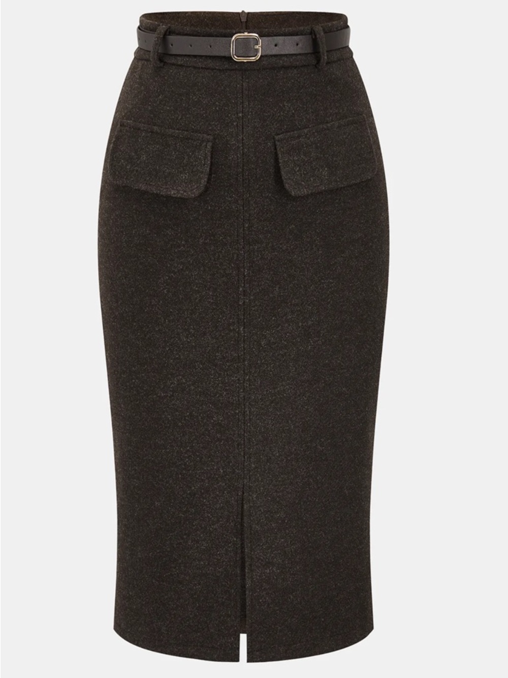 Commense Dark Brown Pencil Skirt with Front Flap Pockets and Belt